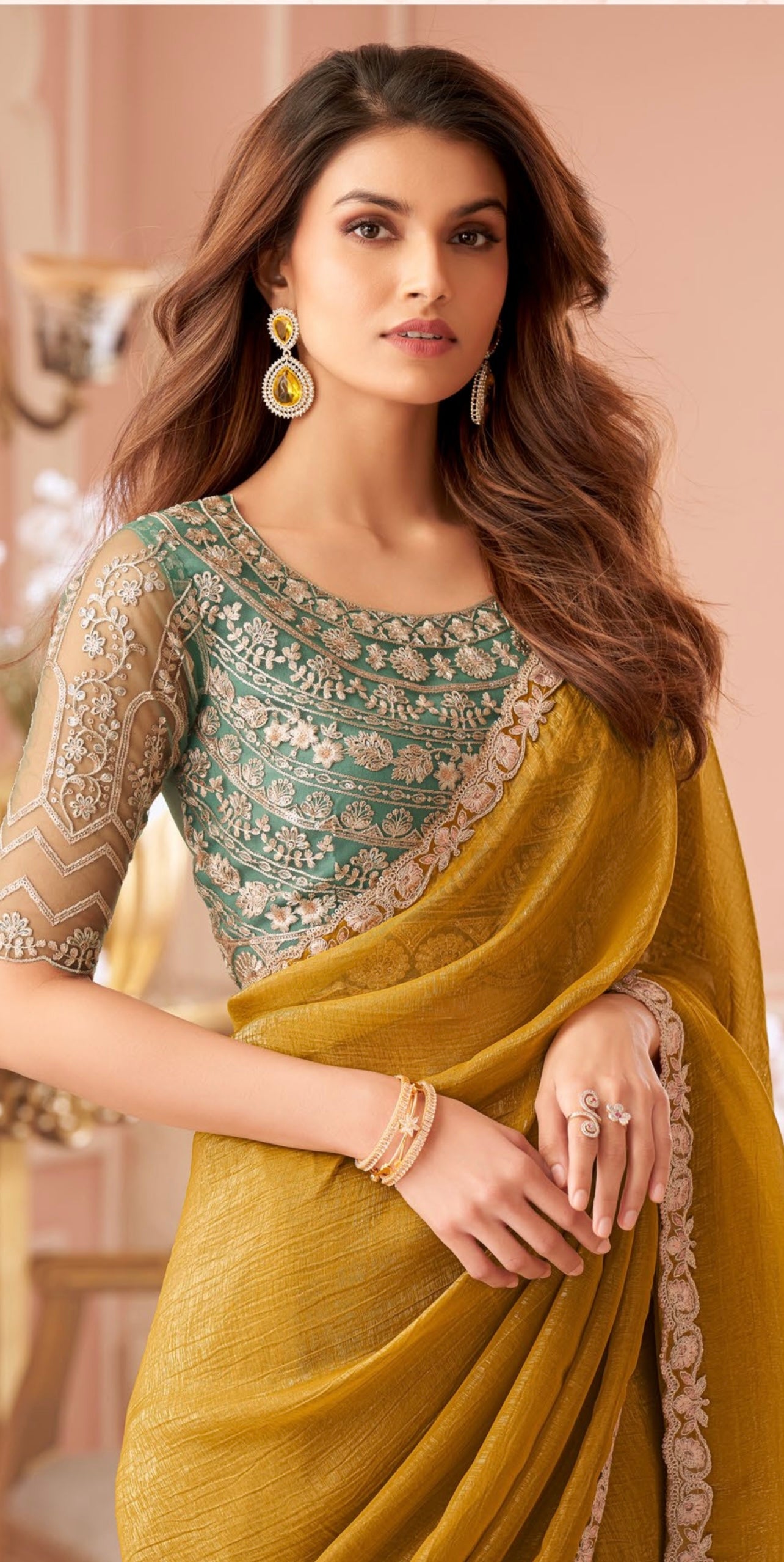 Mustard Yellow Chiffon Georgette Designer Party Wear Saree-TFH SLS 8002