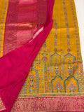 JU17 - Mustard Yellow Pashmina Designer Saree with Aari Work & Pink Zari Border