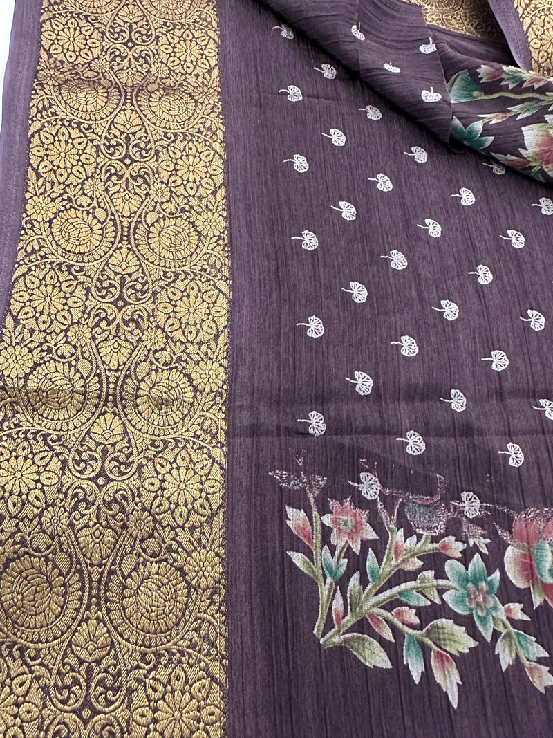 Crush Crape Chiffon Printed Sarees With self Butti Printed Blouse Piece🌹- J29