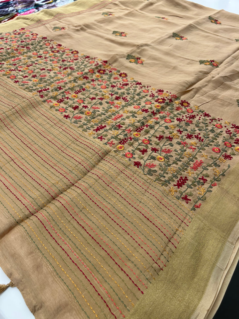 Katha And Jari Border Embroidery Sarees,, Fabric-Crepe Tussar,, Katha Style Blouse Piece🌹-JU30