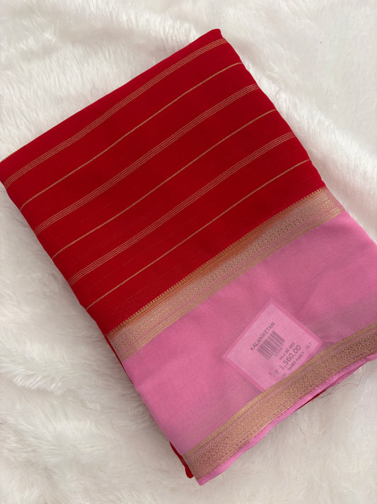 Red X Pink Striped Soft Semi Mysore Silk Saree-J114