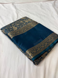 Peacock Blue Premium Mysore Silk Saree with Kalamkari Floral Brocade AU10