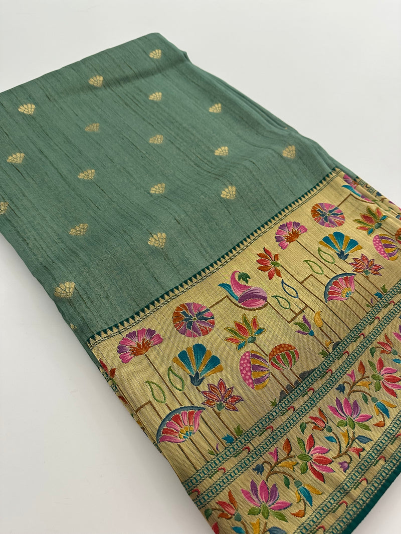 Pista Green Pure Tussar Paithani Designer Saree - AU12