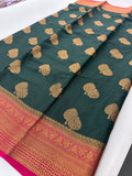 Bottle Green x Pink Tussar Cotton Saree with Double Leaf Butta All Over JU24