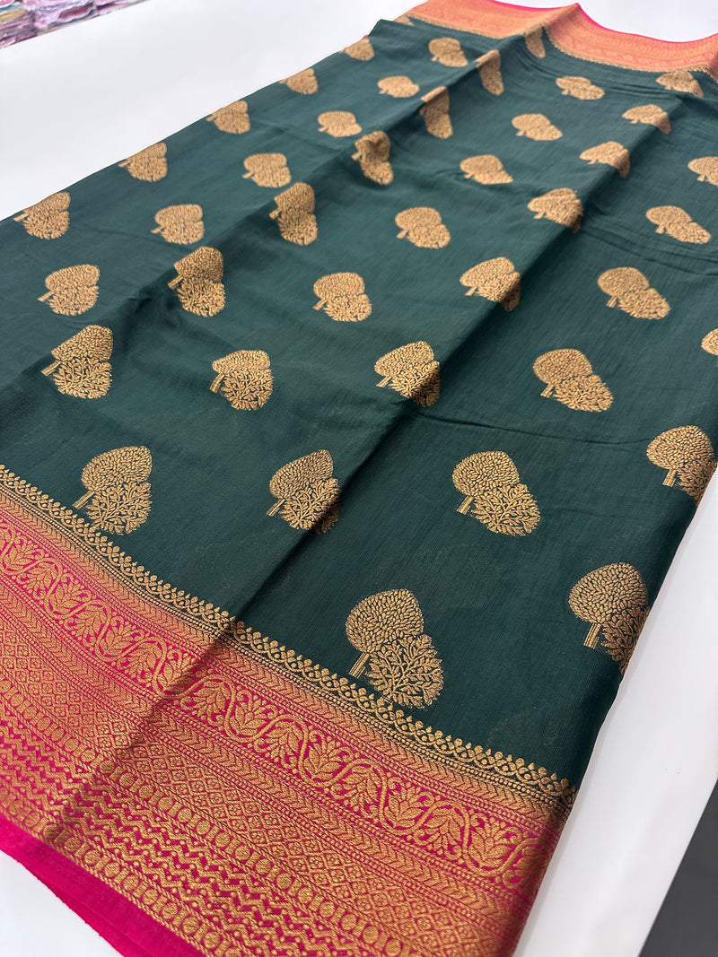 Bottle Green x Pink Tussar Cotton Saree with Double Leaf Butta All Over JU24