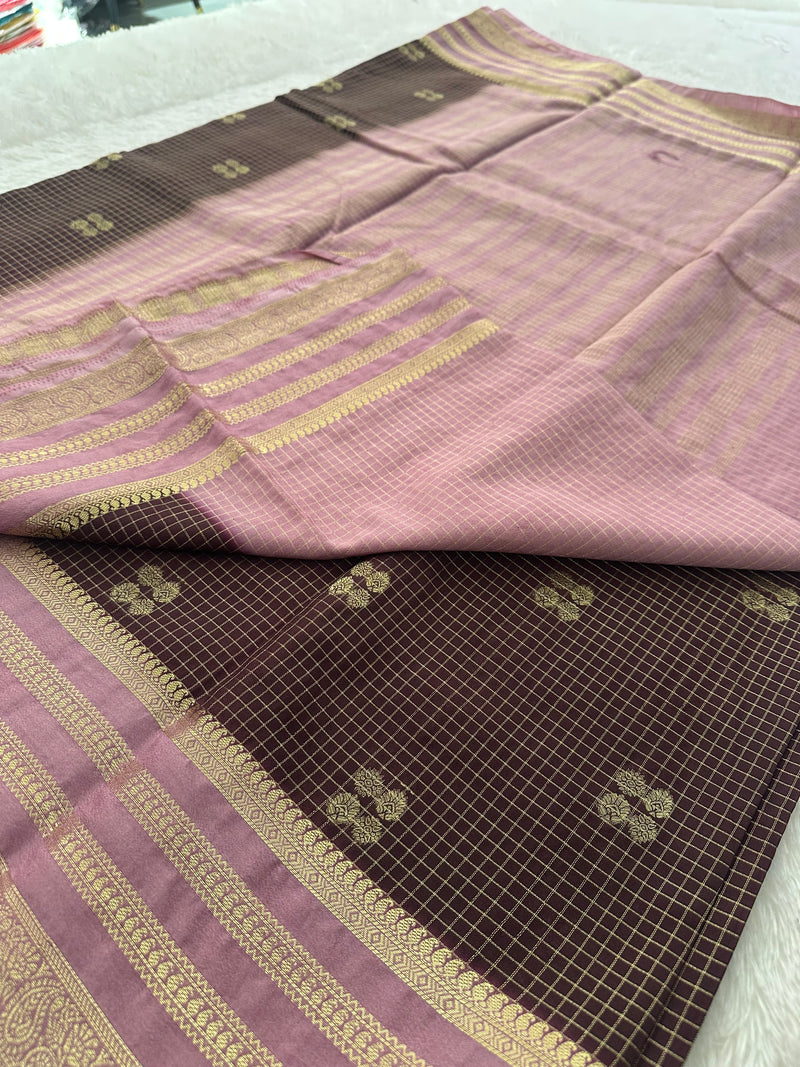 Semi Crepe Checks Saree - Brown x Pink AU25
