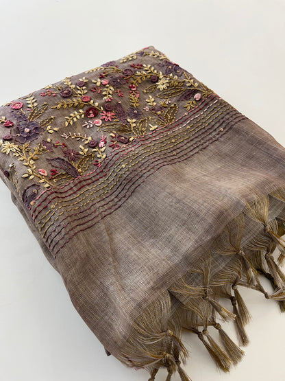 Designer linen  saree full embroidery
