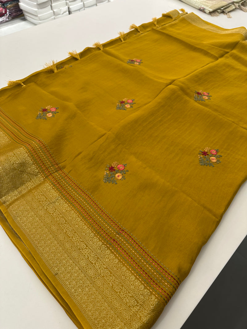 Pure Tussar Silk With Katha Work and Embroidery Buttas in Premium Finishing🦋 🌹-JU16