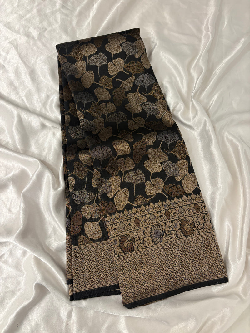 JU18 - Black Floral Soft Silk Designer Saree