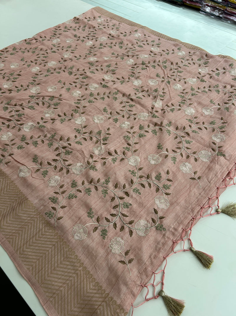 🌹Tussar Silk Sarees in Full Embroidery Work With Self Pattern Blouse 🌹
JU23