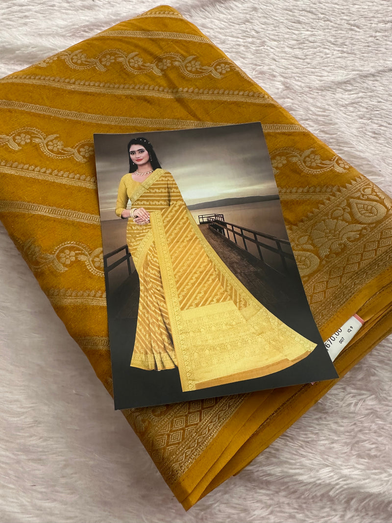 Premium Laser Chiffon Saree – Yellow AU26