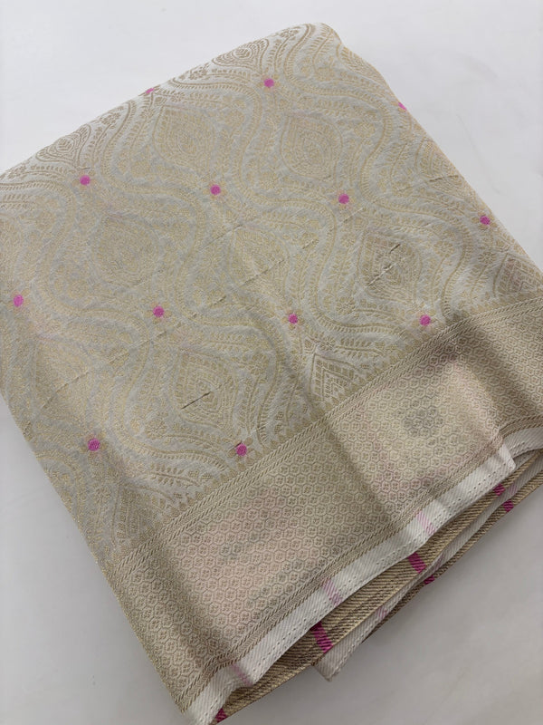 Crush Banarsi Cream Georgette Fancy Saree with pink bindi butties all over 🌹-JU16