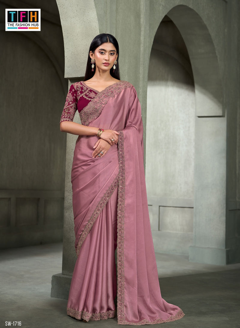 SW-1716 — ONION PINK SARTIN GEORGETTE SAREE & GEORGETTE WORK BLOUSE