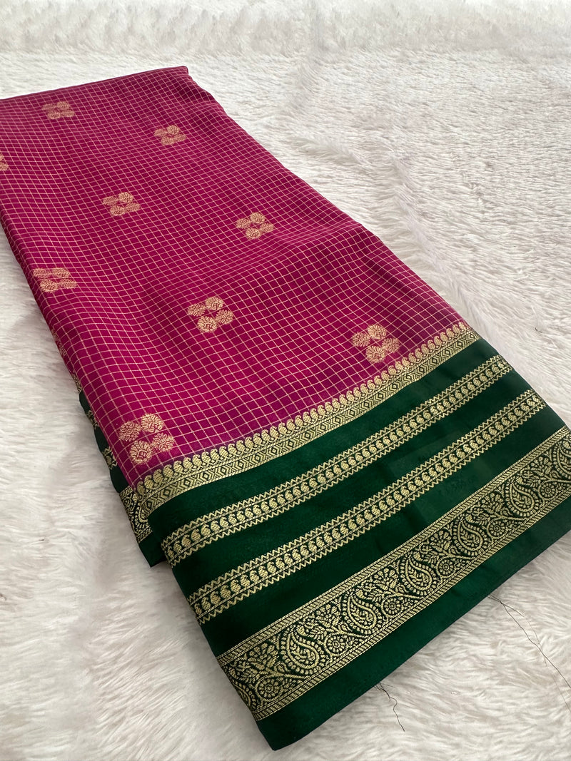 Semi Crepe Checks Saree - Magenta x Green AU25