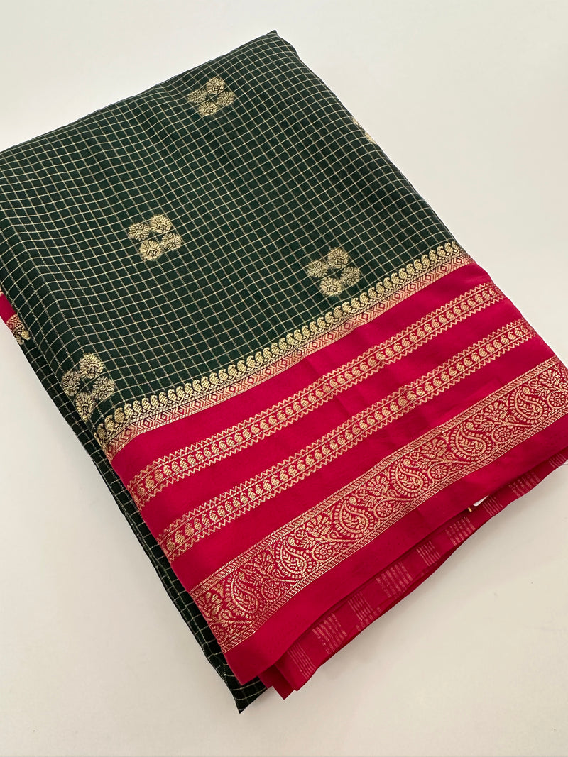 Semi Mysore Silk Checks Saree with Butta-AU16