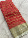 Premium Georgette Sarees In Checks Zari and Small Border with Contrast Blouse Piece 🌹-JU18