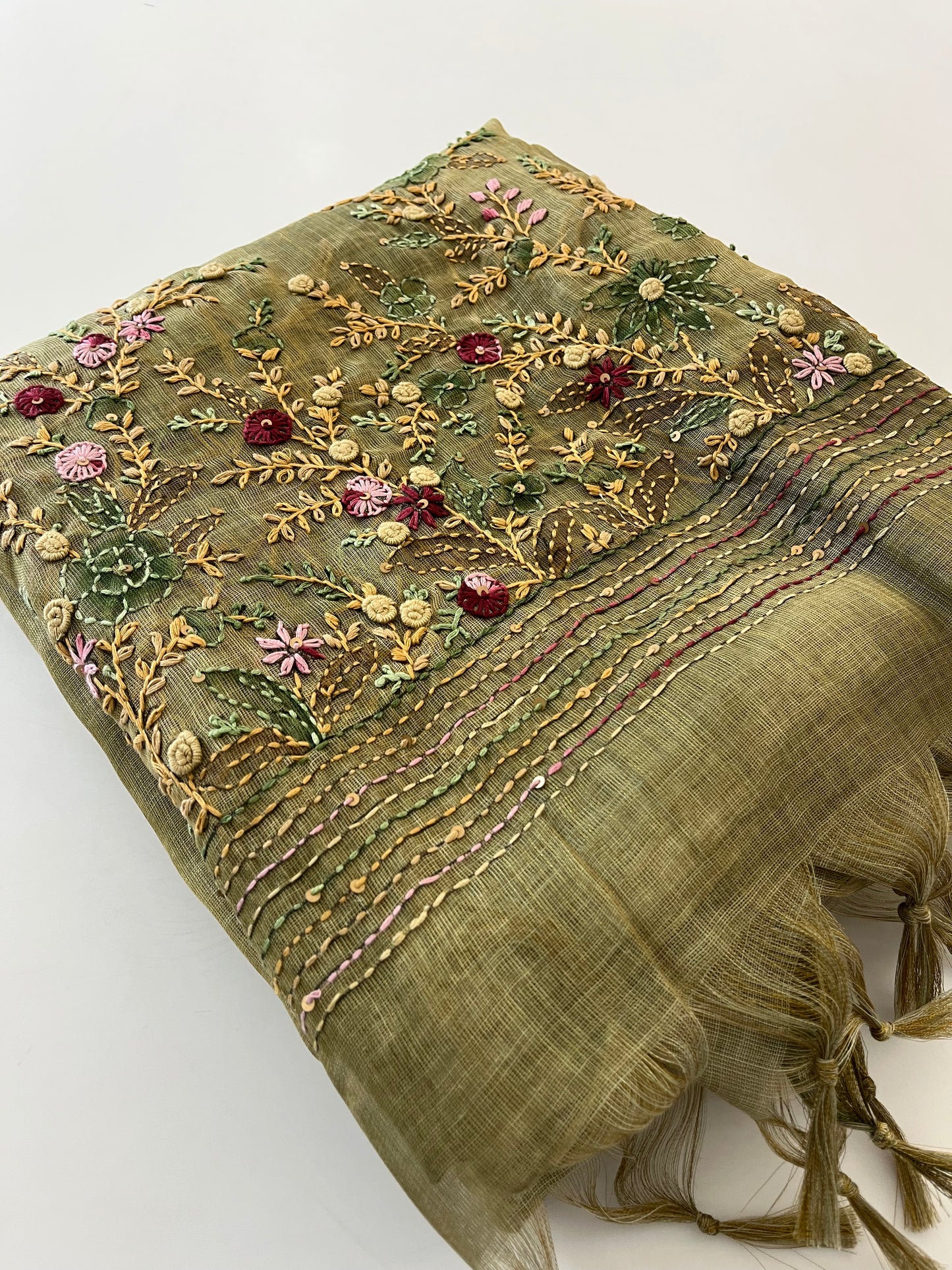 Designer linen  saree full embroidery