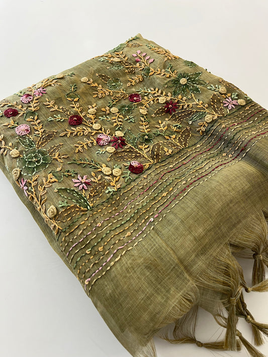 Designer linen  saree full embroidery