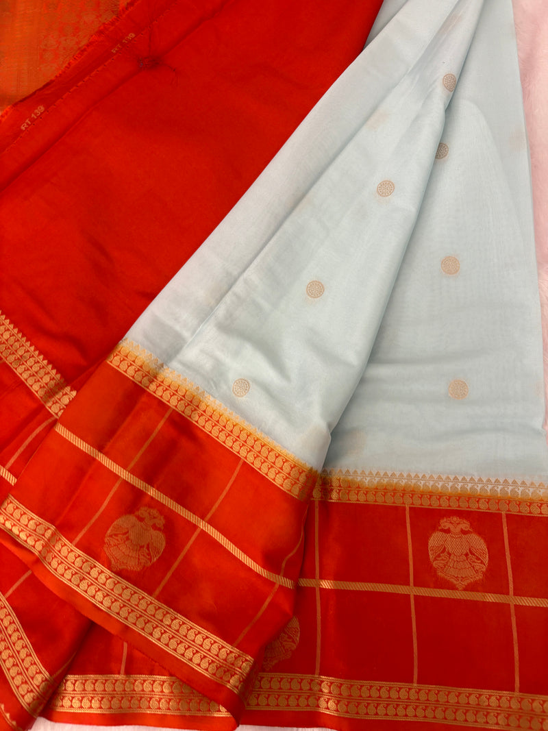 Semi Crepe Silk Saree - Sky Blue x Orange (J29)