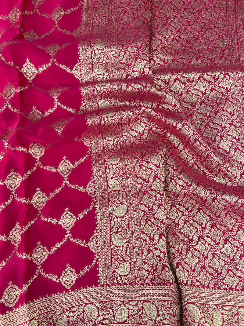 Rani Pink Satin Kora Banaras Saree with Rich Gold Zari Jaal All Over JU23