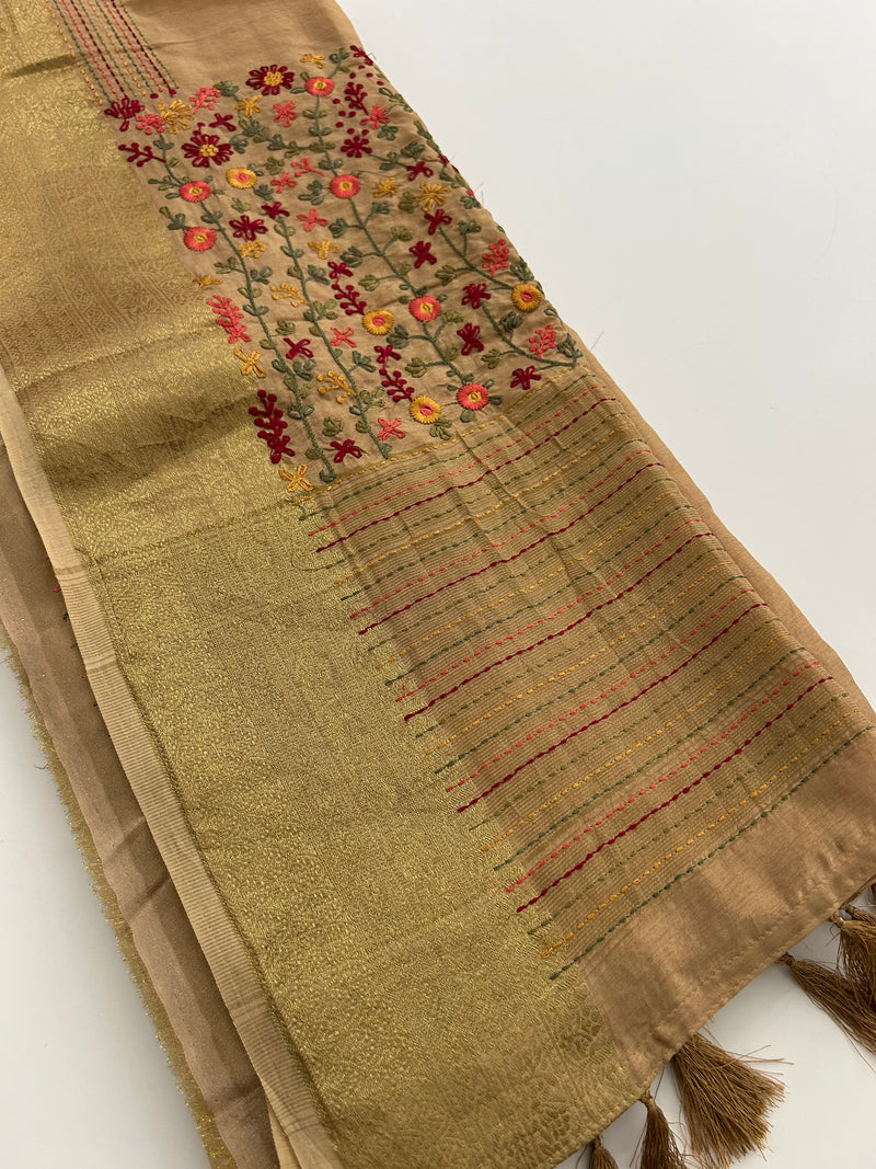 Katha And Jari Border Embroidery Sarees,, Fabric-Crepe Tussar,, Katha Style Blouse Piece🌹-JU30