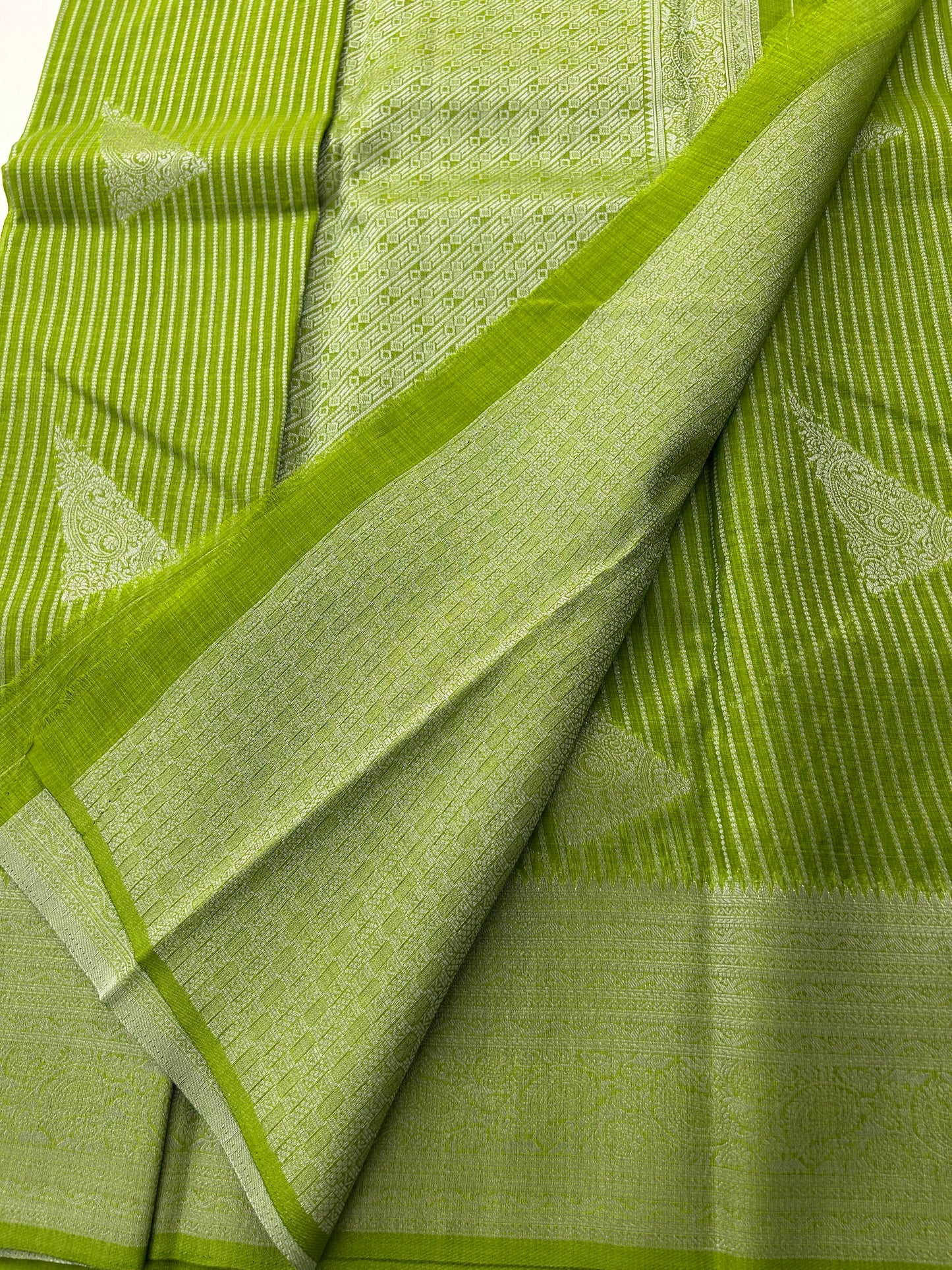 Pastel green silver linen cotton saree-DC712