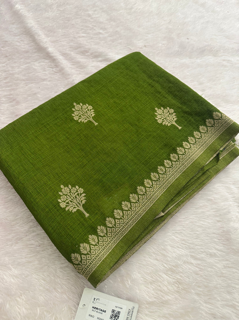 Olive Green Linen Heritage Designer Saree with Butta - AU18
