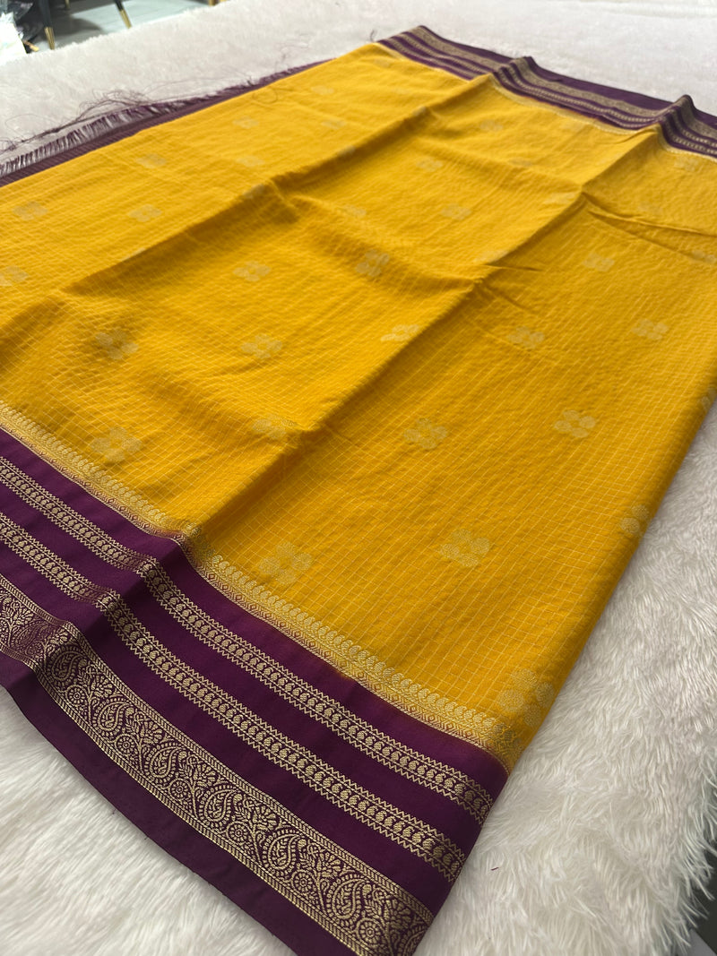 Semi Crepe Checks Saree - Yellow x Purple AU25