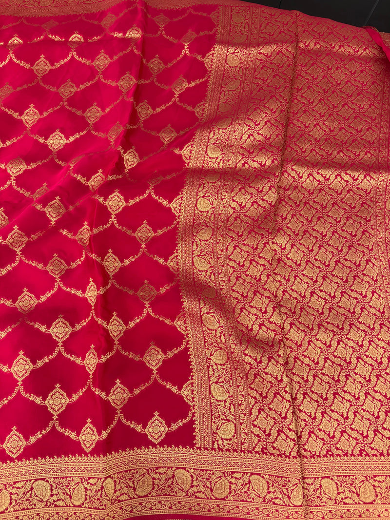 Rani Pink Satin Kora Banaras Saree with Rich Gold Zari Jaal All Over JU23