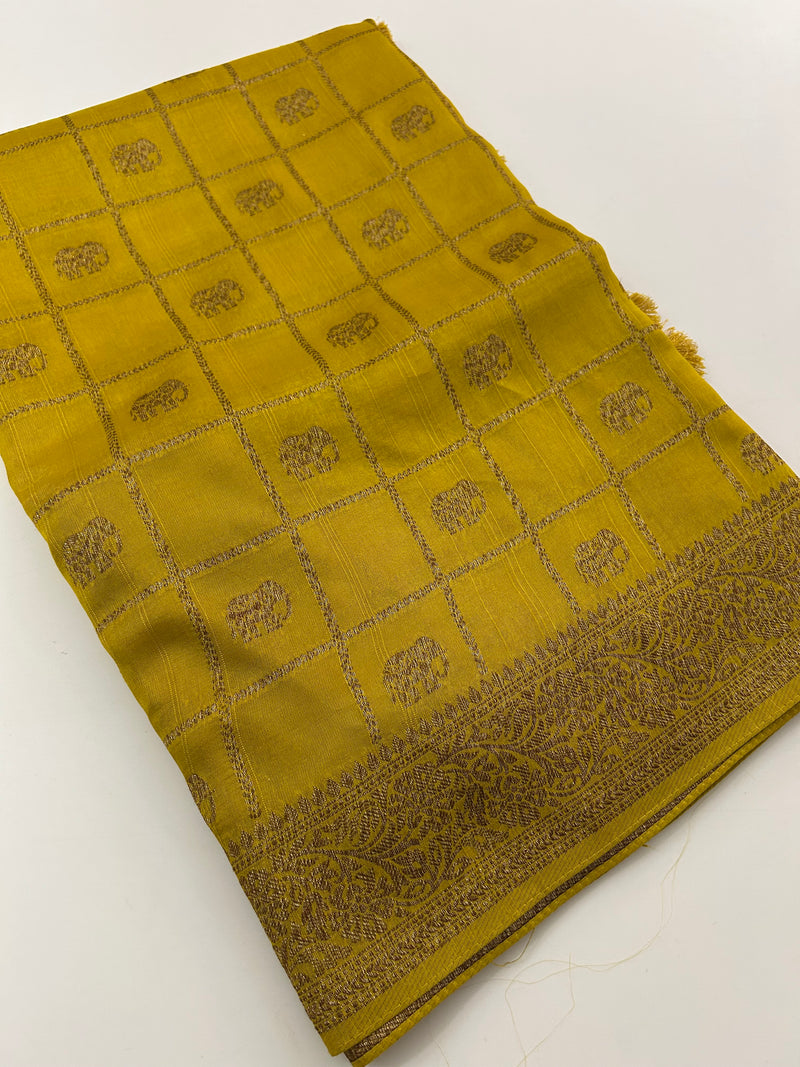 Tussar Silk Fancy Sarees,, comes in checks and elephant buttas all over 🌹-JU30