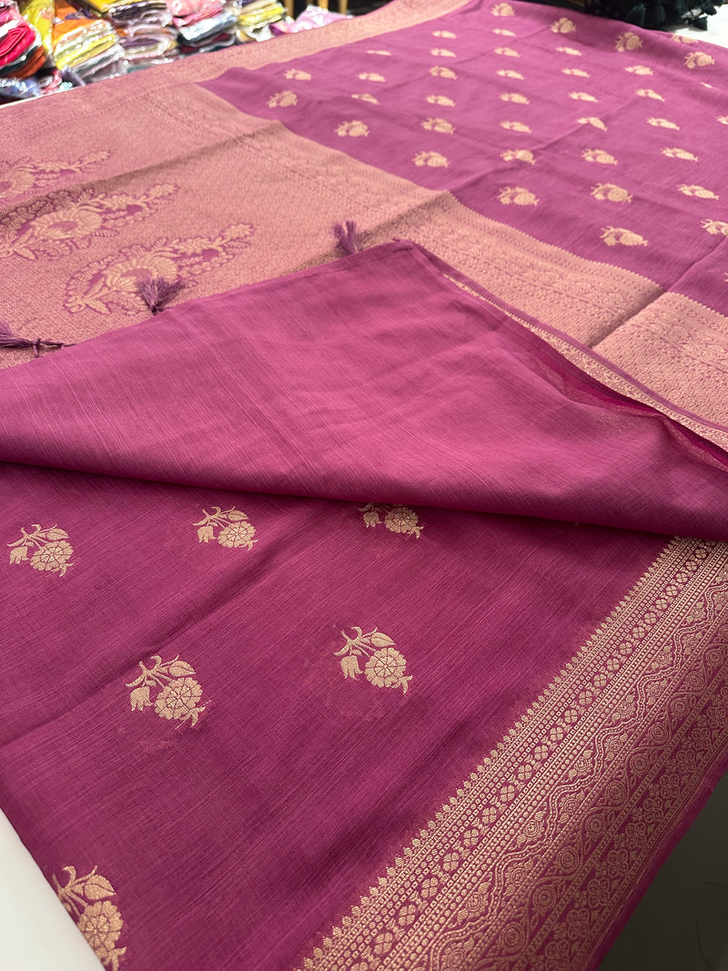 Venkatagiri fancy soft Linen Cotton sarees with self blouse and fancy Border and Butties all over🌹 - AU12