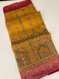 JU17 - Mustard Yellow Pashmina Designer Saree with Aari Work & Pink Zari Border