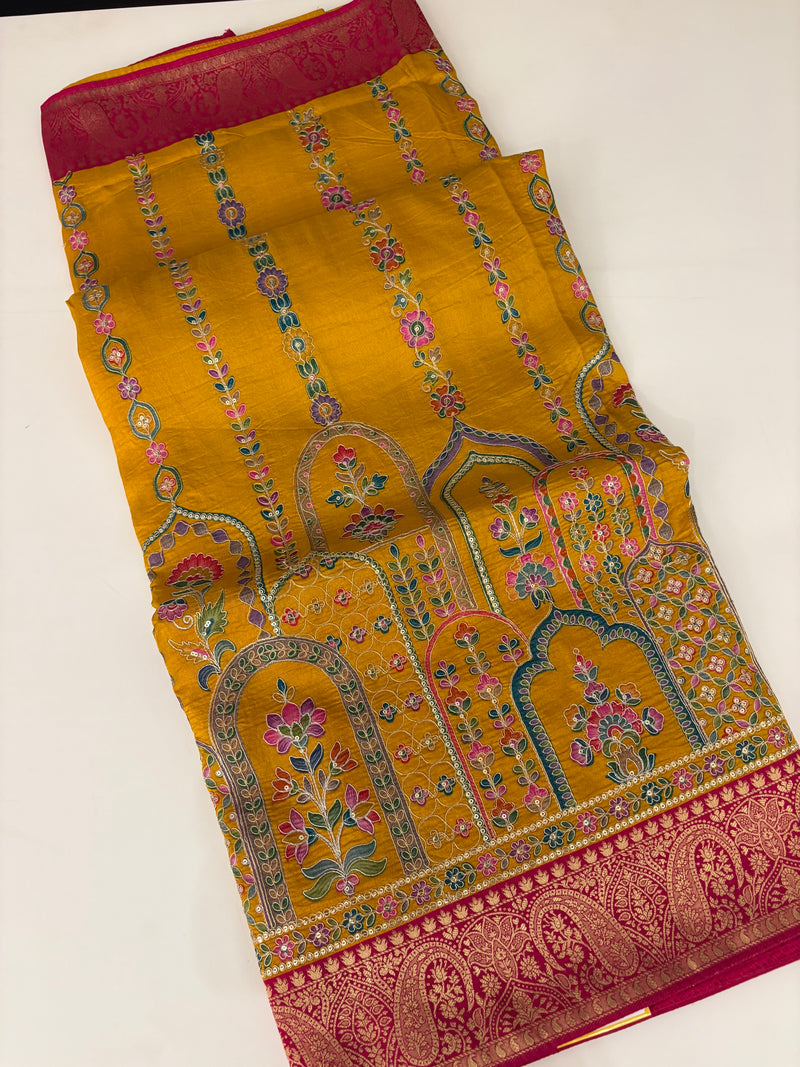 JU17 - Mustard Yellow Pashmina Designer Saree with Aari Work & Pink Zari Border