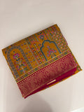 JU17 - Mustard Yellow Pashmina Designer Saree with Aari Work & Pink Zari Border