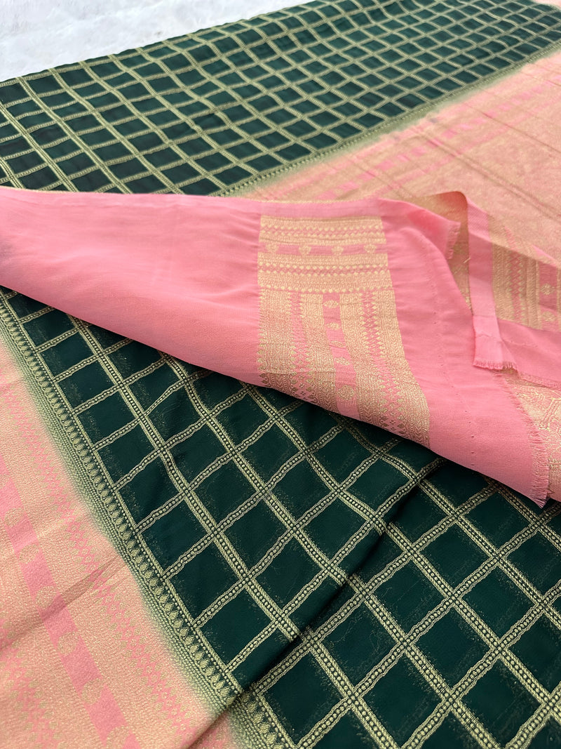 Premium Georgette Sarees In Checks Zari and Small Border with Contrast Blouse Piece 🌹-JU18