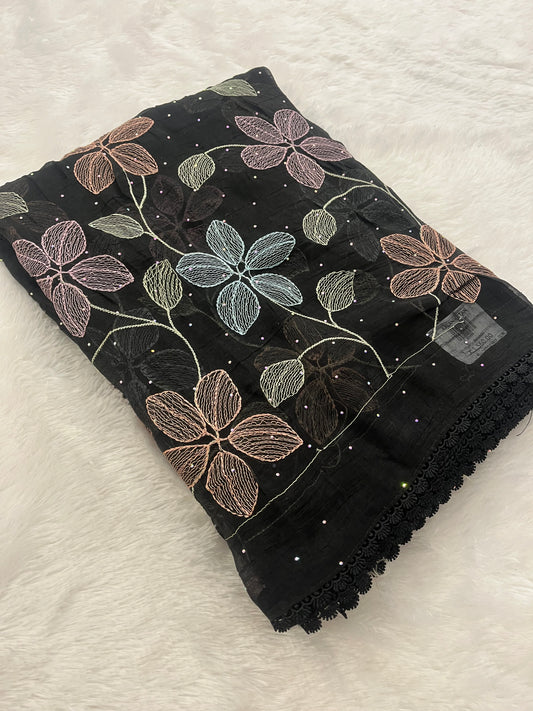 Black Floral Soft Organza Saree-F4