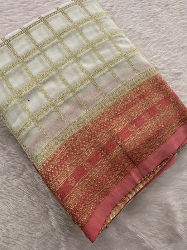 Premium Georgette Sarees In Checks Zari and Small Border with Contrast Blouse Piece 🌹-JU18