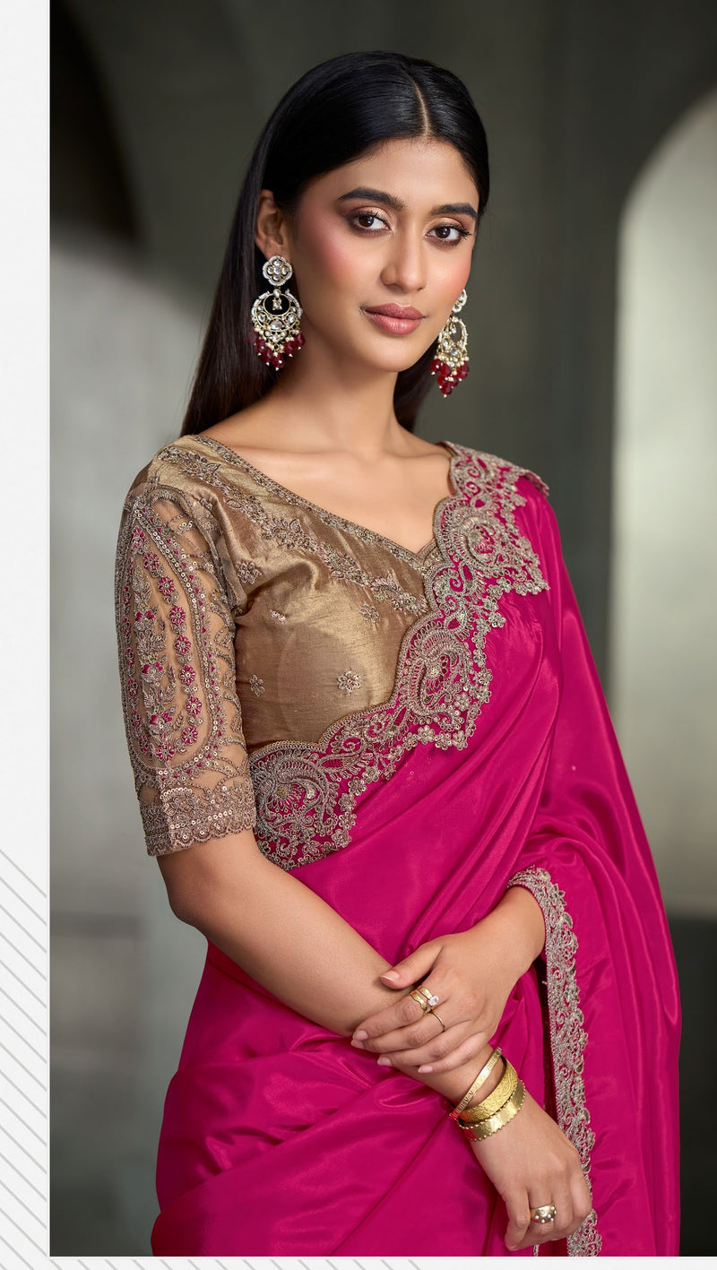 SW-1710 — PRINCESS PINK CRAPE SILK SAREE & TUSSAR SILK WORK BLOUSE