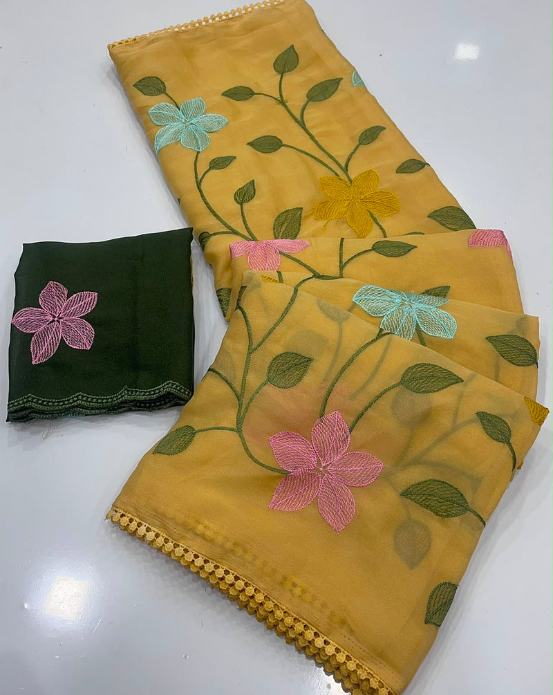 Start Georgette Saree With Embroidery Work-J30