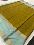 Crepe Silk Brocade Fancy Saree,, contrast border and contrast blouse piece 🌹 - AU10