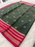 Semi Crepe Checks Saree - Green x Pink AU25