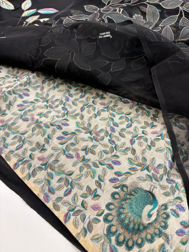 Black Patch Work Netted Kora Fabric Designer Saree