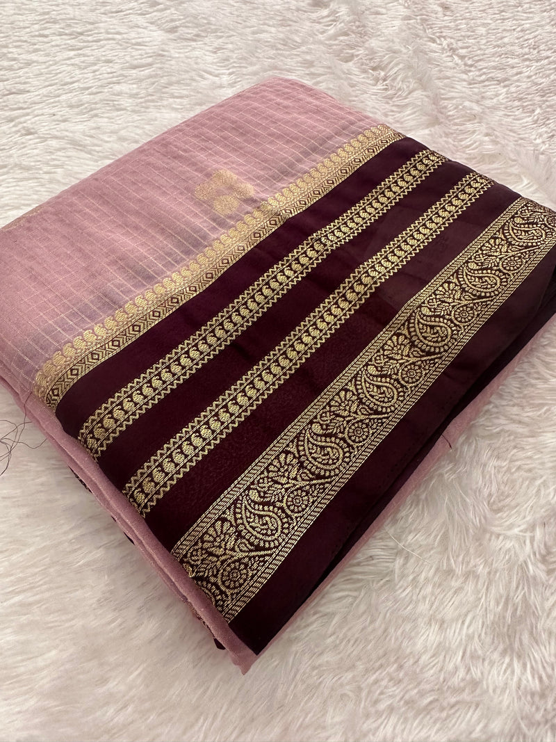 Semi Crepe Checks Saree - Pastel Pink x Wine AU25