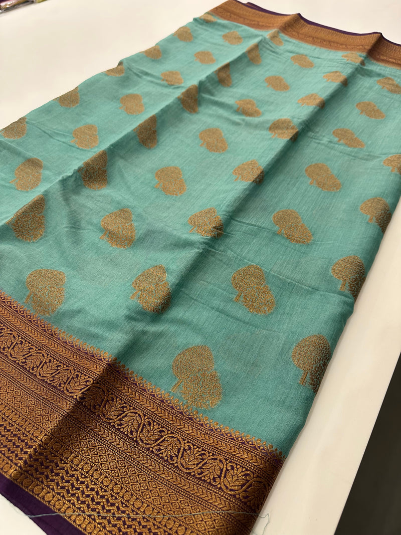 Pastel Blue x Purple Tussar Cotton Saree with Double Leaf Butta All Over JU24