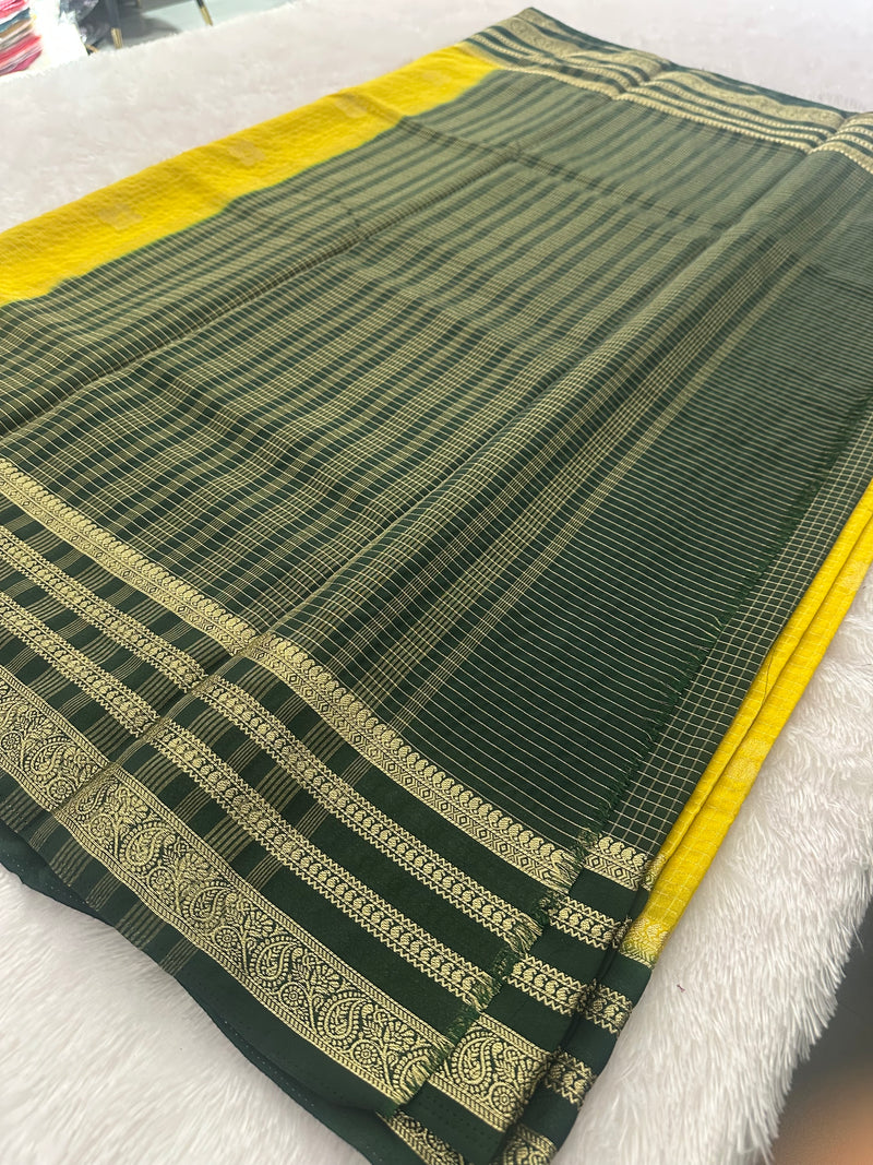 Semi Crepe Checks Saree - Yellow x Bottle Green AU25