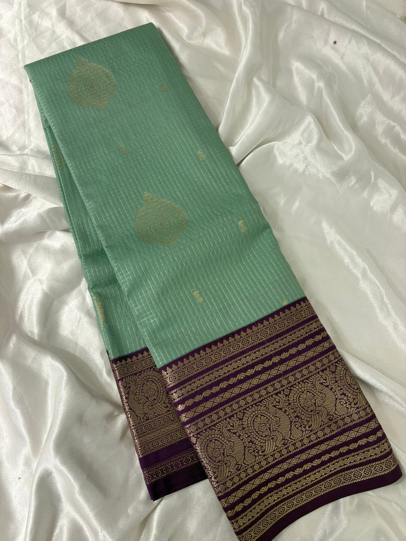 JU18 - Pista X Purple Checks Semi Silk Saree