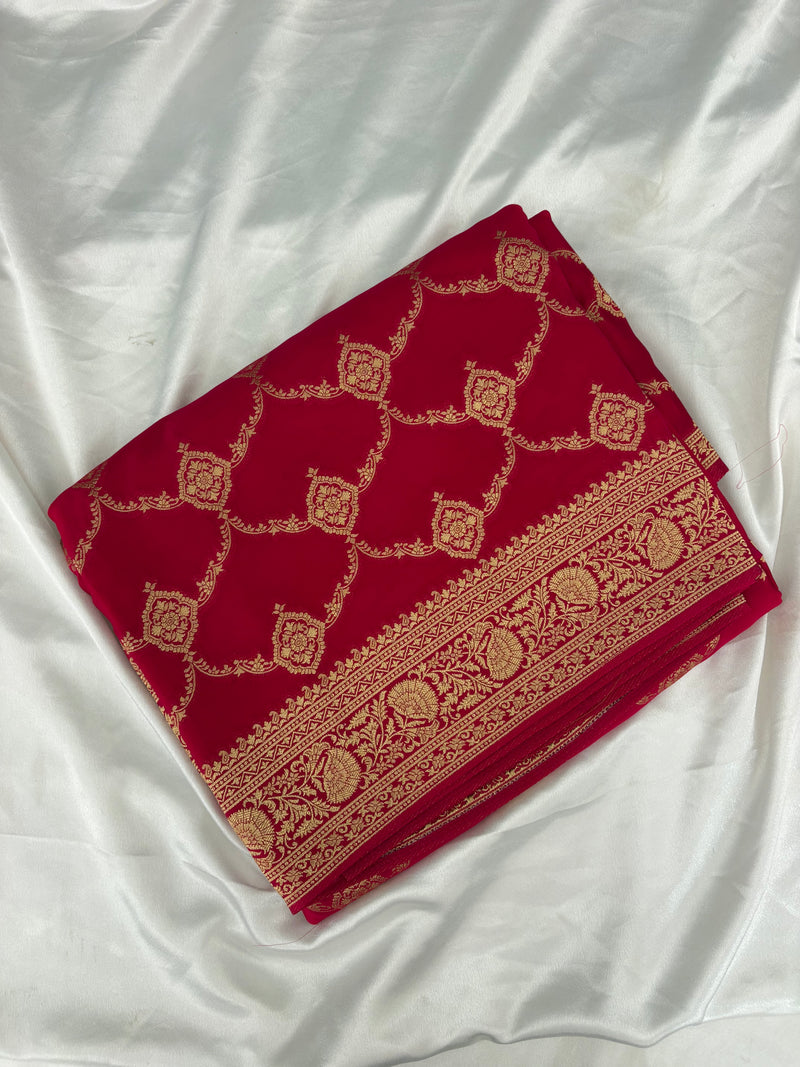 Rani Pink Satin Kora Banaras Saree with Rich Gold Zari Jaal All Over JU23