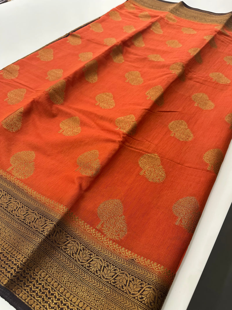 Rust Orange x Brown Tussar Cotton Saree with Double Leaf Butta All Over JU24