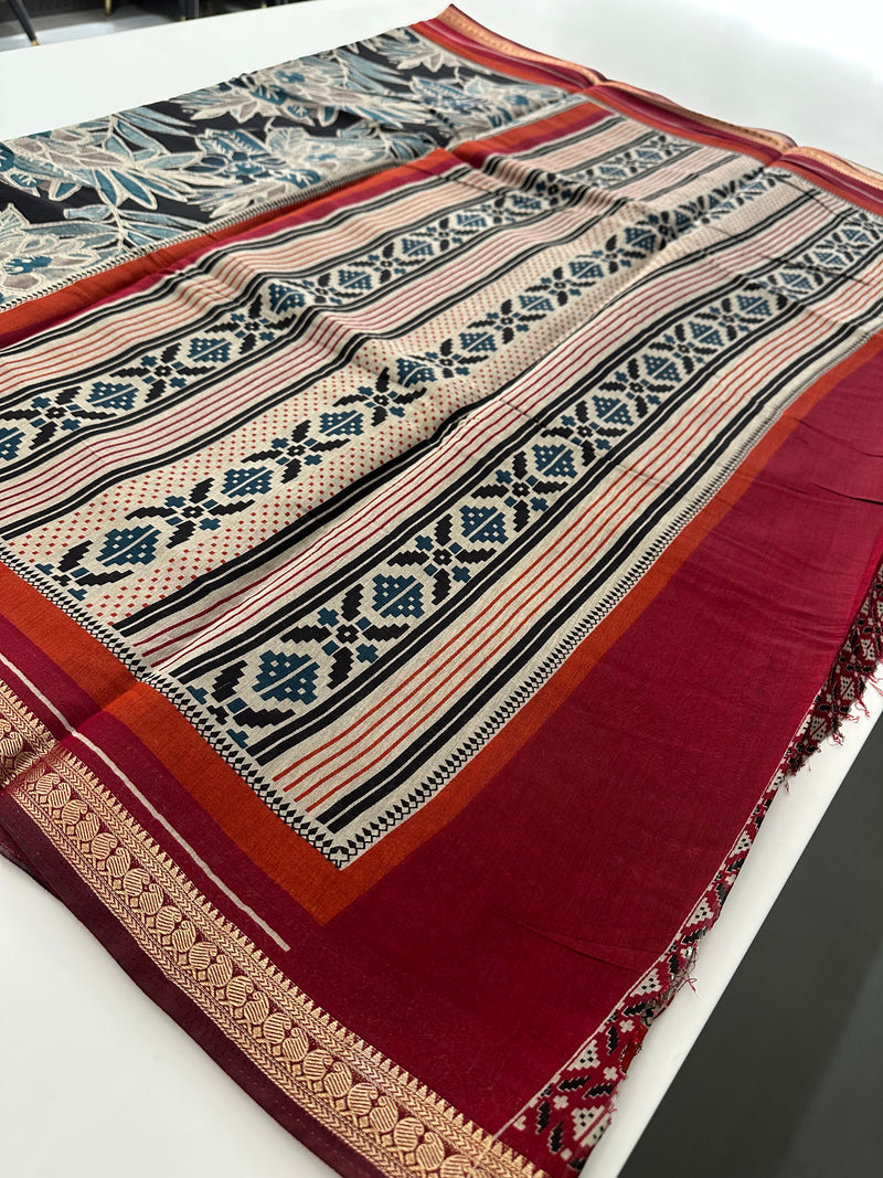 Soft Lightweight Printed Cotton Saree - Black Floral Design - AU27