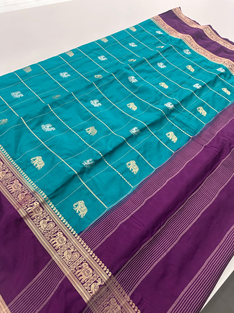 Premium Semi Mysore Silk sarees with silver and gold weavings and contrast blouse piece🌹-AU9